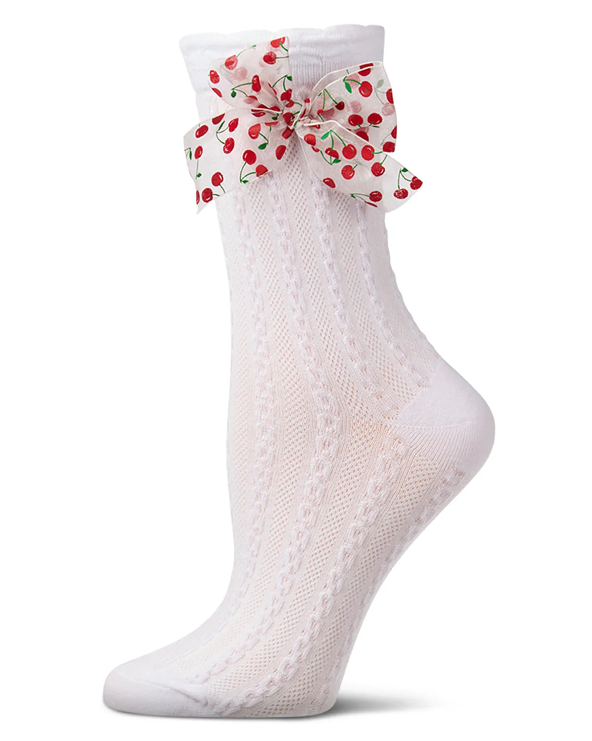 Women's Cable-Knit Cotton-Rich Crew Sock with Cherry-Print Bow sold by MeMoi