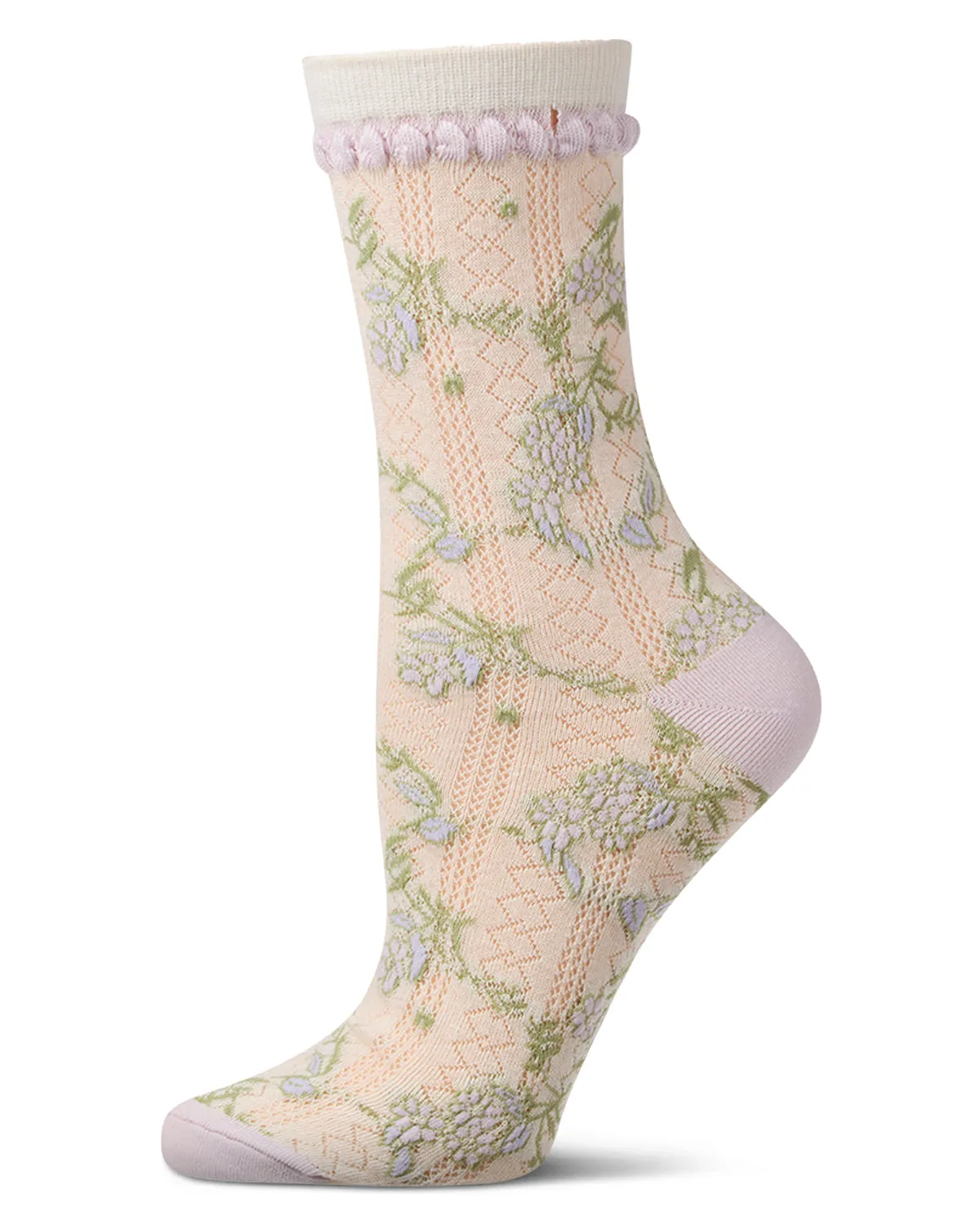 Women's "Pastel Floral Vine" Cotton-Rich Pointelle Crew Sock sold by MeMoi