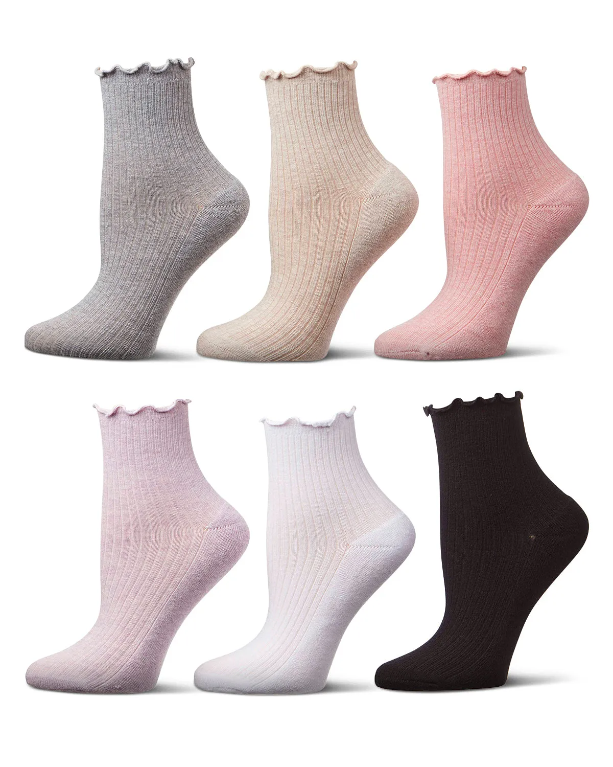 6 Pair Women's Ribbed Cotton-Rich Picot-Trimmed Quarter Socks sold by MeMoi product image thumbnail 2