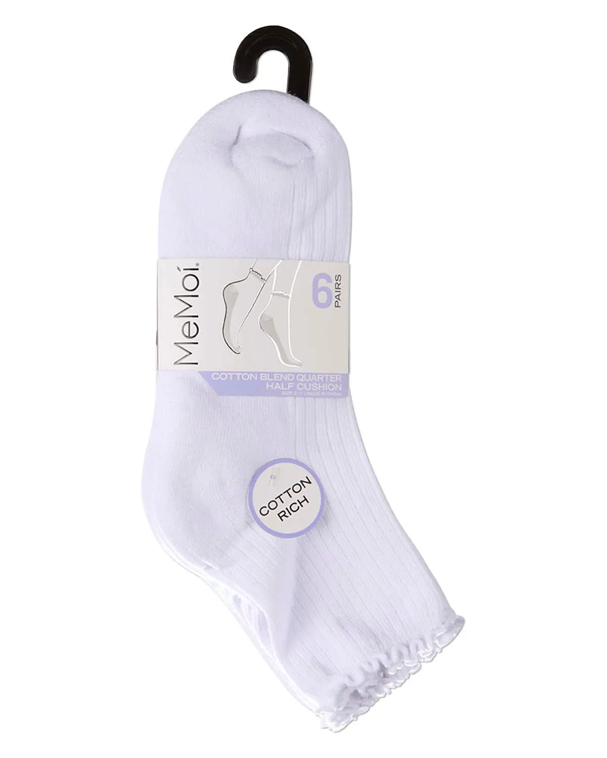 6 Pair Women's Ribbed Cotton-Rich Picot-Trimmed Quarter Socks sold by MeMoi product image thumbnail 5
