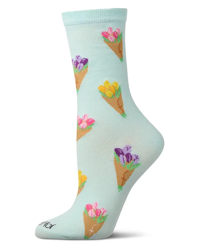 Women's "Tulip Bouquets" Rayon-Blend Novelty Crew Sock sold by MeMoi