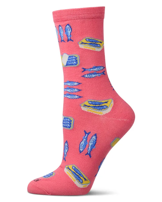 Women's Sardines-Themed Rayon-Blend Novelty Crew Sock sold by MeMoi