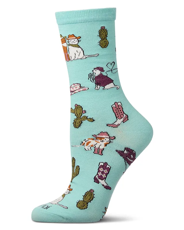 Women's "Rodeo Cats" Rayon-Blend Novelty Crew Sock sold by MeMoi