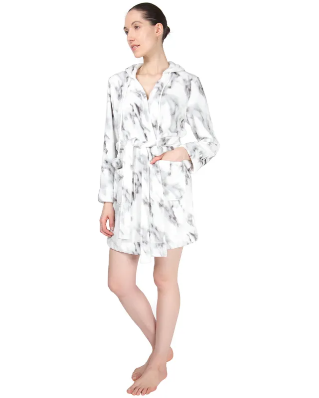 Women's Marble Plush Hooded Robe with Pom-Pom Drawstrings made by MeMoi