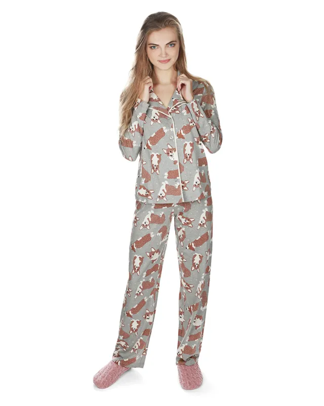 Women's Corgi Dog Notch Collar Cotton Blend Pant Pajama Set made by MeMoi