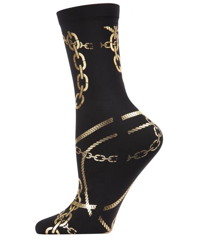 Women's Bling Bling Shiny Gold Chain Print Crew Sock made by MeMoi