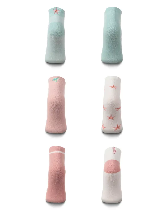 6 Pair Women's "Sea Life" Half-Cushioned Embroidered Low Cut Socks made by MeMoi