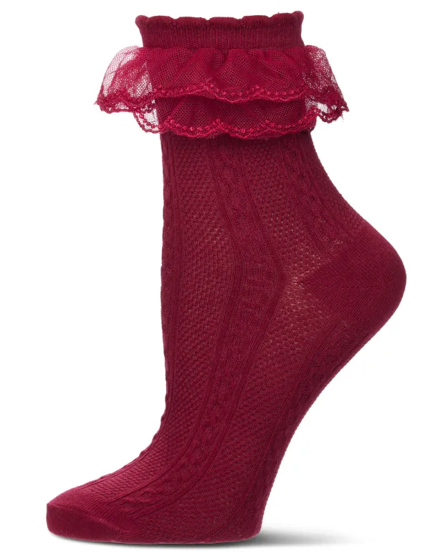 Women's Frilly-Trim Cotton-Rich Cable-Knit Fashion Crew Sock made by MeMoi