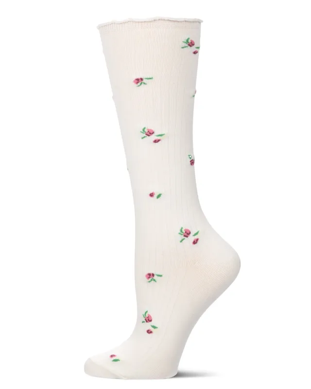 Women's Ditsy Floral Ribbed Cotton-Rich Lettuce-Edge Knee High Sock made by MeMoi