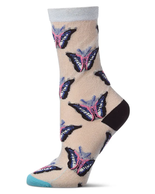 Women's Butterfly-Graphic Metallic Cotton-Blend Sheer Crew Sock made by MeMoi