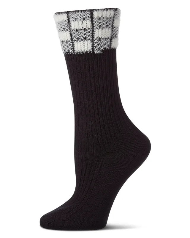 Women's Fuzzy Checkered-Cuff Cotton-Rich Ribbed Crew Sock made by MeMoi