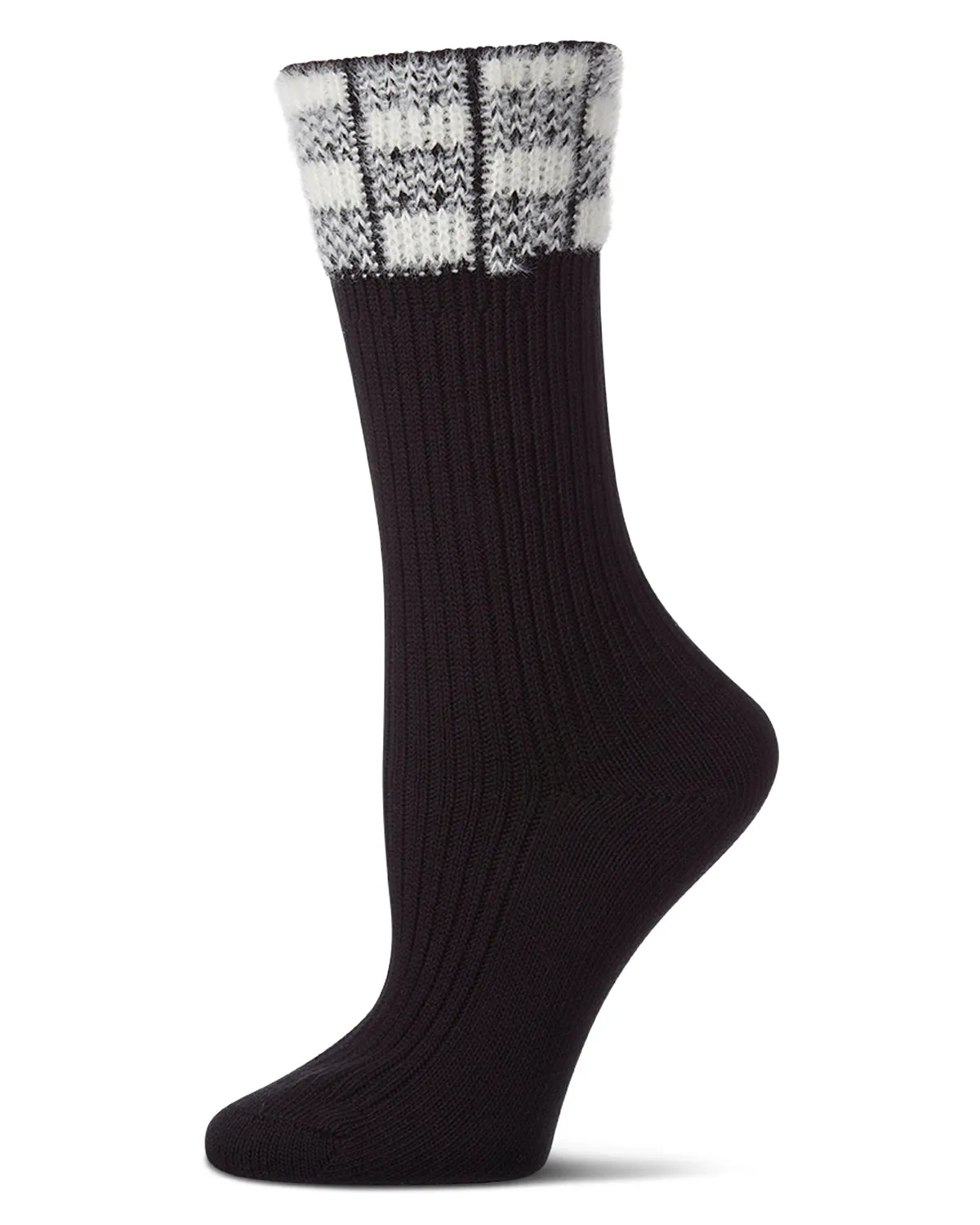 Women's Fuzzy Checkered-Cuff Cotton-Rich Ribbed Crew Sock sold by MeMoi