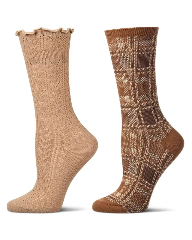 2 Pair Women's Cotton-Rich Trendy Brown Fashion Crew Socks made by MeMoi