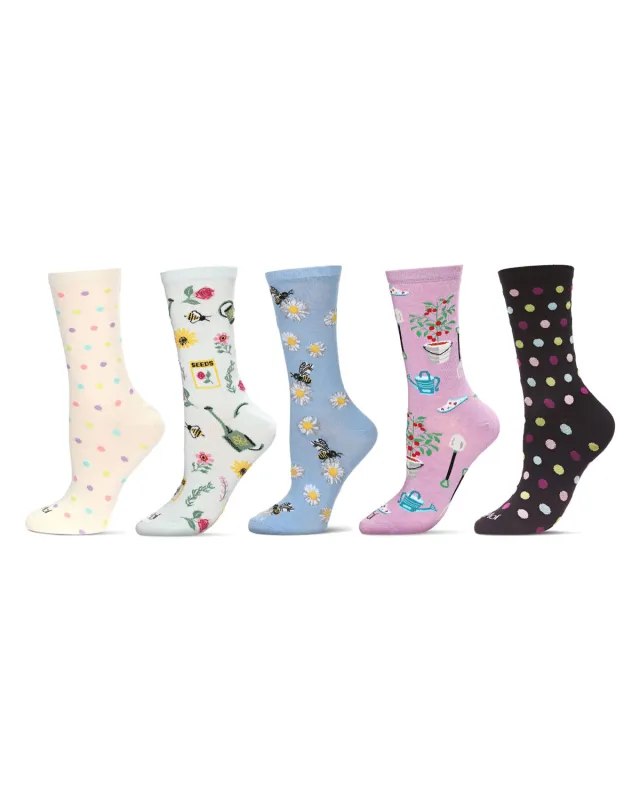 5 Pair Women's Rayon-Blend Fine-Gauge Fashion Novelty Crew Socks made by MeMoi