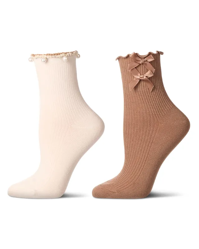 2 Pair Women's Ribbed Cotton-Rich Ruffle-Trim Fashion Ankle Socks made by MeMoi