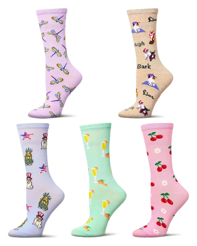 5 Pair Women's Rayon-Blend Novelty Fashion Crew Socks made by MeMoi