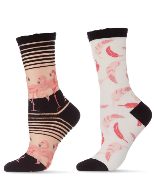 Pink Flamingos/Feather Cotton Blend Crew Sock 2 Pack made by MeMoi