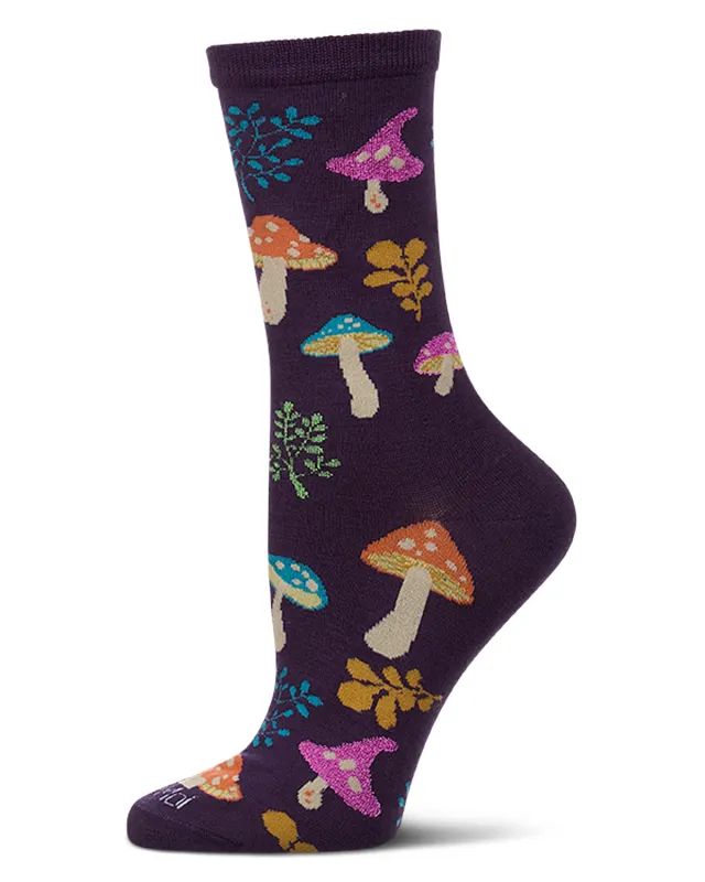 Women's "Wild Mushrooms" Rayon-Blend Fine-Gauge Crew Sock made by MeMoi