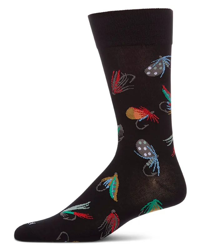 Men's Fly Fishing-Themed Rayon-Blend Fine-Gauge Novelty Crew Sock made by MeMoi