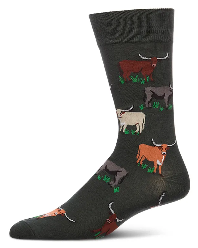 Men's Longhorn-Themed Rayon-Blend Fine-Gauge Novelty Crew Sock made by MeMoi