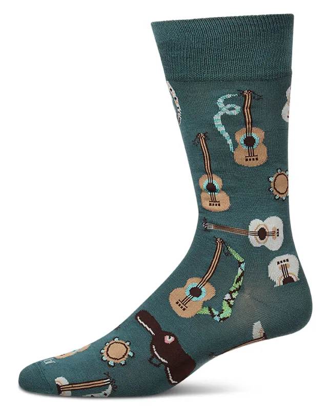 Men's "Folk Guitars" Rayon-Blend Fine-Gauge Novelty Crew Socks made by MeMoi