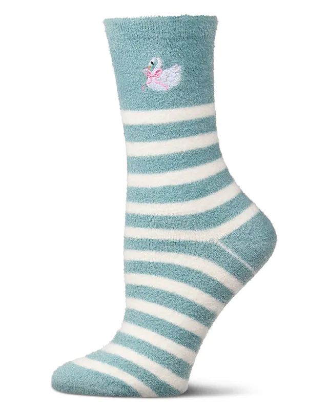 Women's "Swan" Non-Skid Lavender-Infused Striped Embroidered Crew Sock made by MeMoi