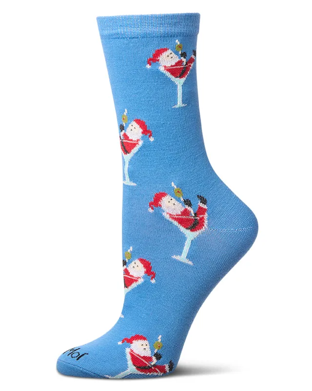 Women's "Santa Cocktail" Holiday Fine-Gauge Novelty Crew Sock made by MeMoi