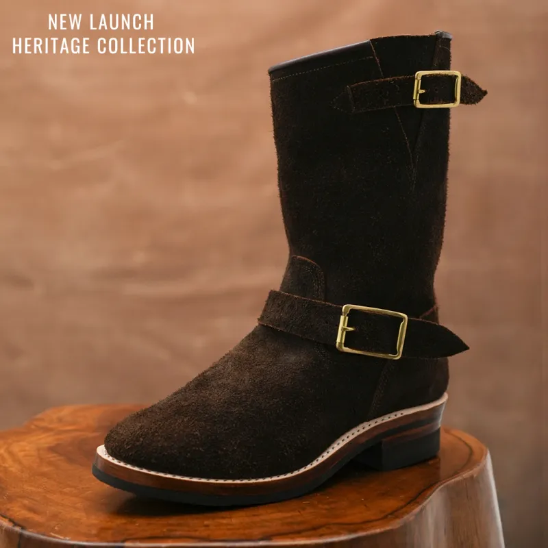 The Foundry Engineer Boots (Grizzly Brown Roughout) Goodyear Welted sold by Craft and Glory