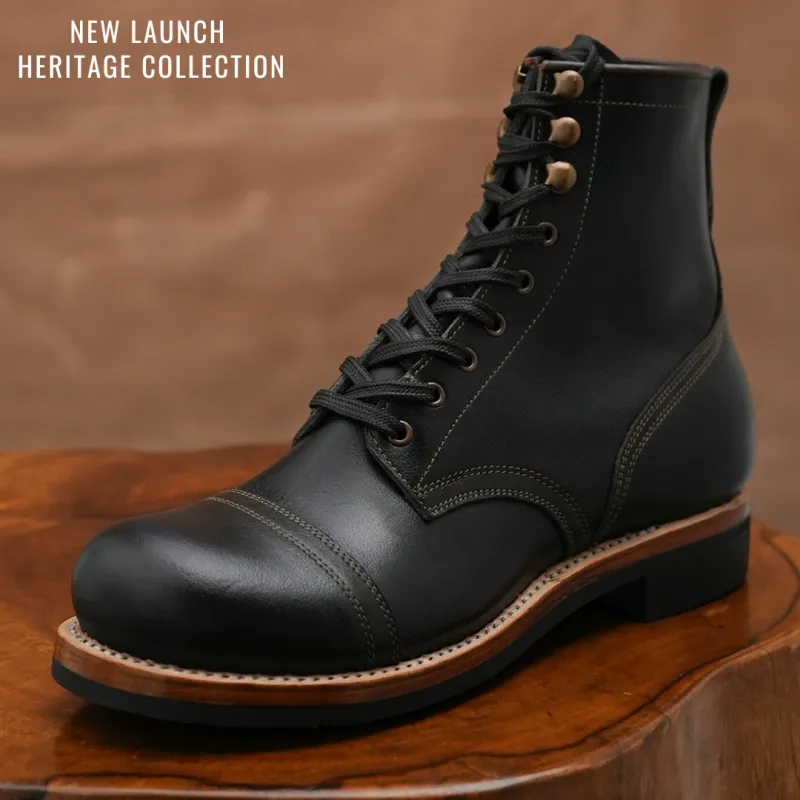 The Brandon Cap Toe Boots (Raven Black) (Munson Last - Goodyear Welted) made by Craft and Glory