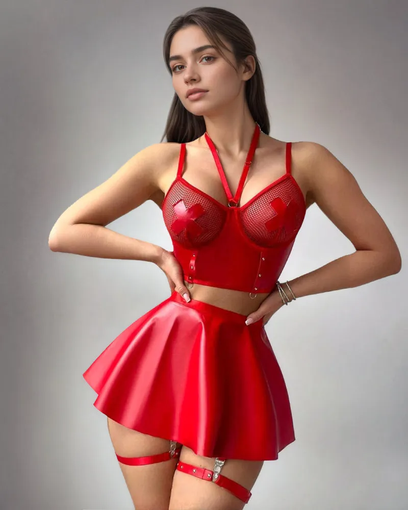 Leather FishNet Lace Up Bra Skirt Set sold by Avid Love product image thumbnail 5