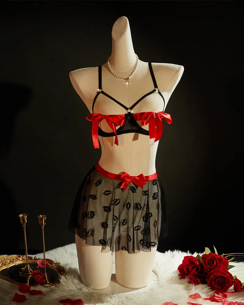 Black Bra with Red Bows & Kiss-Print Skirt Set sold by Avid Love product image thumbnail 5