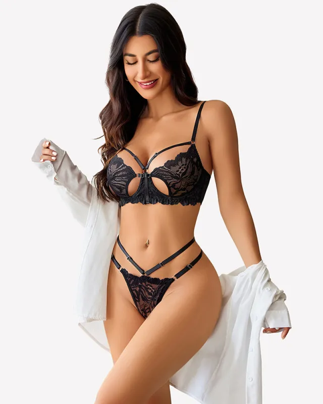 Lace Bra and Panty Set with Butterfly-Shaped Cutout sold by Avid Love