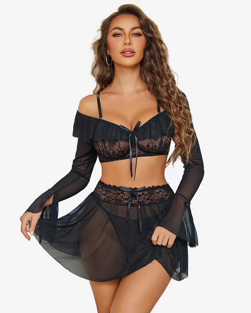 Off Shoulder Bra Panty Ruffle Skirts 3 Piece Sets sold by Avid Love