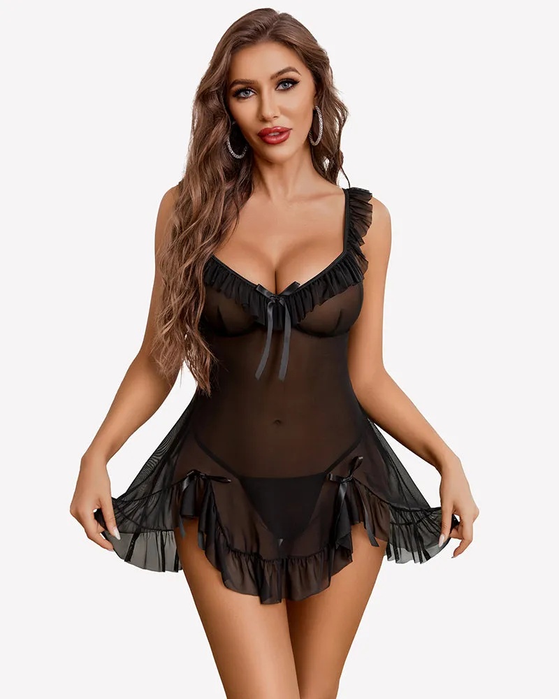 Bow Split Side Ruffle Mesh Dress with Thong sold by Avid Love product image thumbnail 3