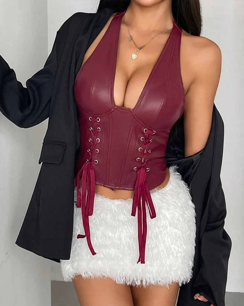Leather Halter Lace Up Crop Tops sold by Avid Love product image thumbnail 4