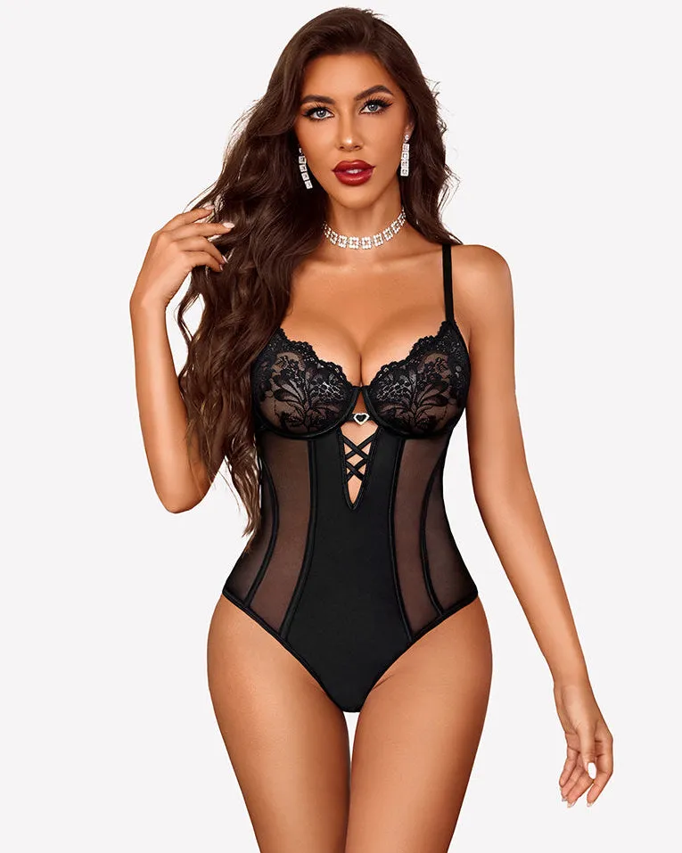 Deep V Lace Teddy Snap Crotch Bodysuit sold by Avid Love
