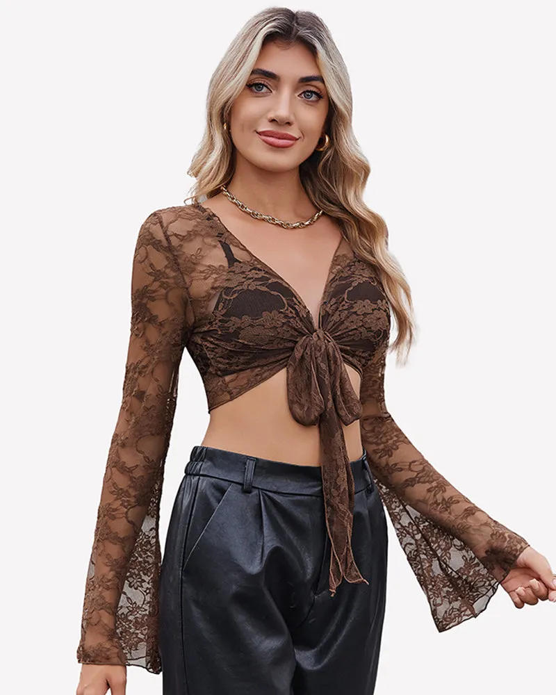 Crop Lace Shrug Bell Sleeve Tie Front Top sold by Avid Love product image thumbnail 3