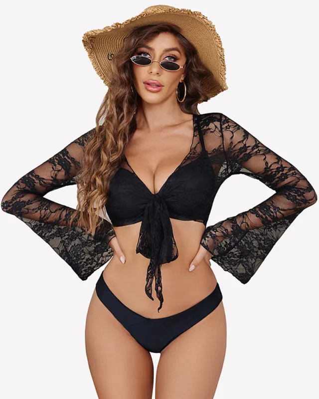 Crop Lace Shrug Bell Sleeve Tie Front Top made by Avid Love
