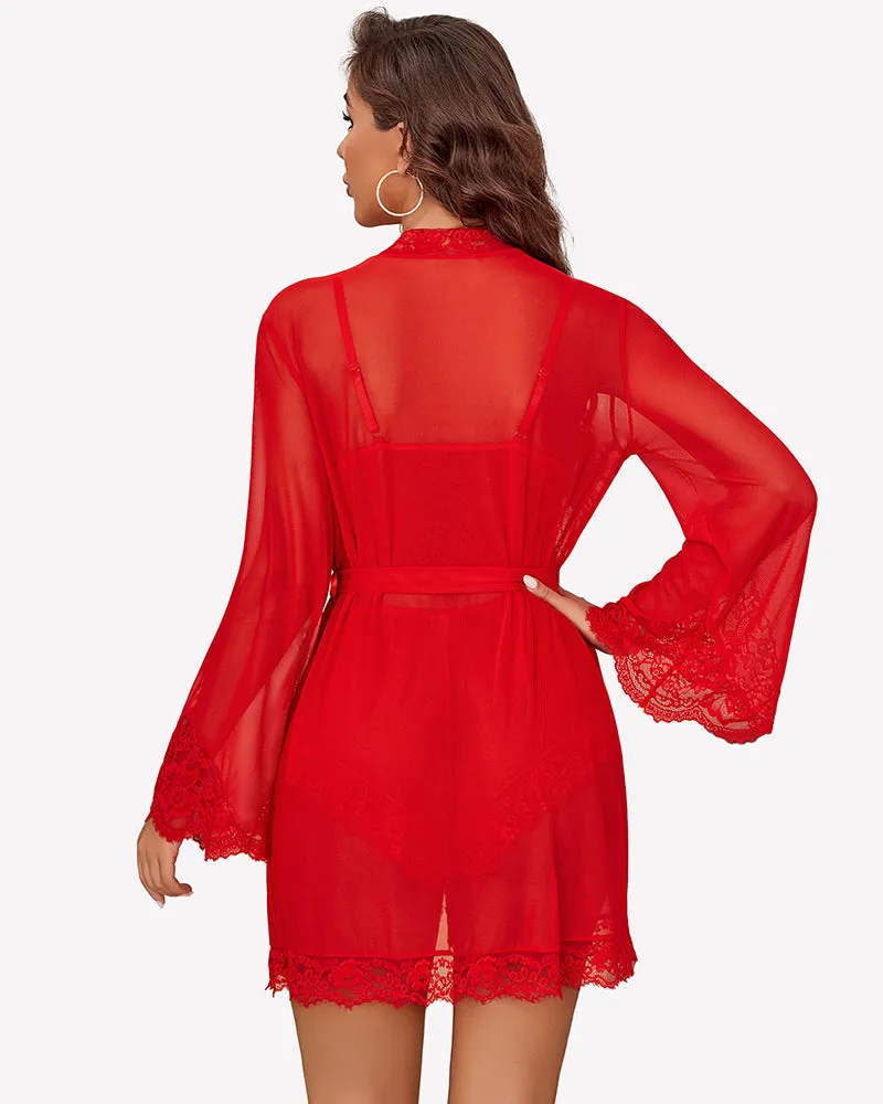 Lace Bralette and Panty Sets With Mesh Kimono Robe sold by Avid Love product image thumbnail 3