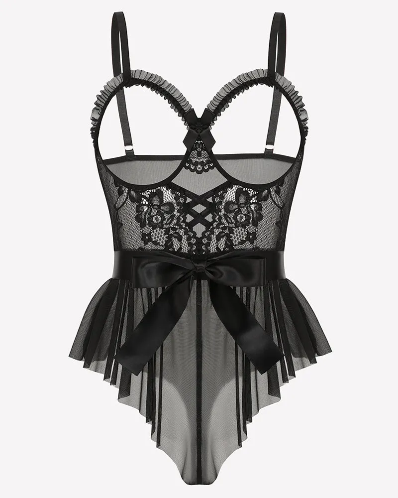 Lace Ruffle Mesh Bodysuit with Satin Tie sold by Avid Love product image thumbnail 3