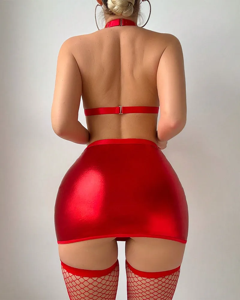 Cutout Halter Leather Skirt Set+Stockings sold by Avid Love product image thumbnail 3