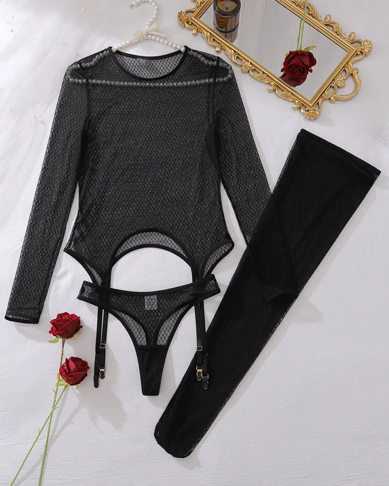 Long Sleeve Sheer Top Panty Set+Stockings sold by Avid Love product image thumbnail 5