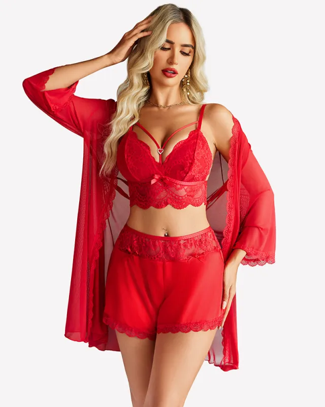 Lace Bra and Silk Satin Shorts with Mesh Robe sold by Avid Love