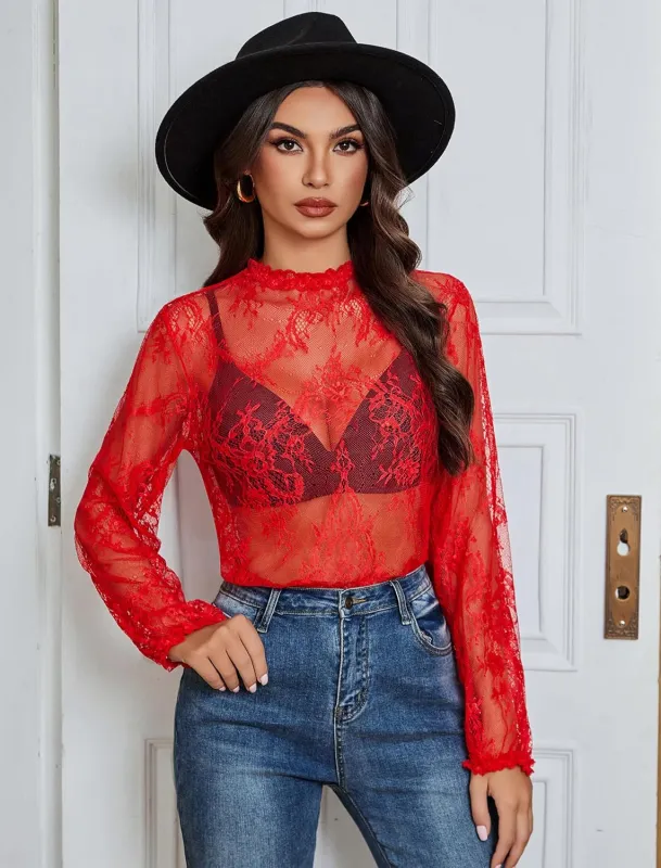 Floral Lace Mesh Top Long Sleeve Sheer Shirts made by Avid Love