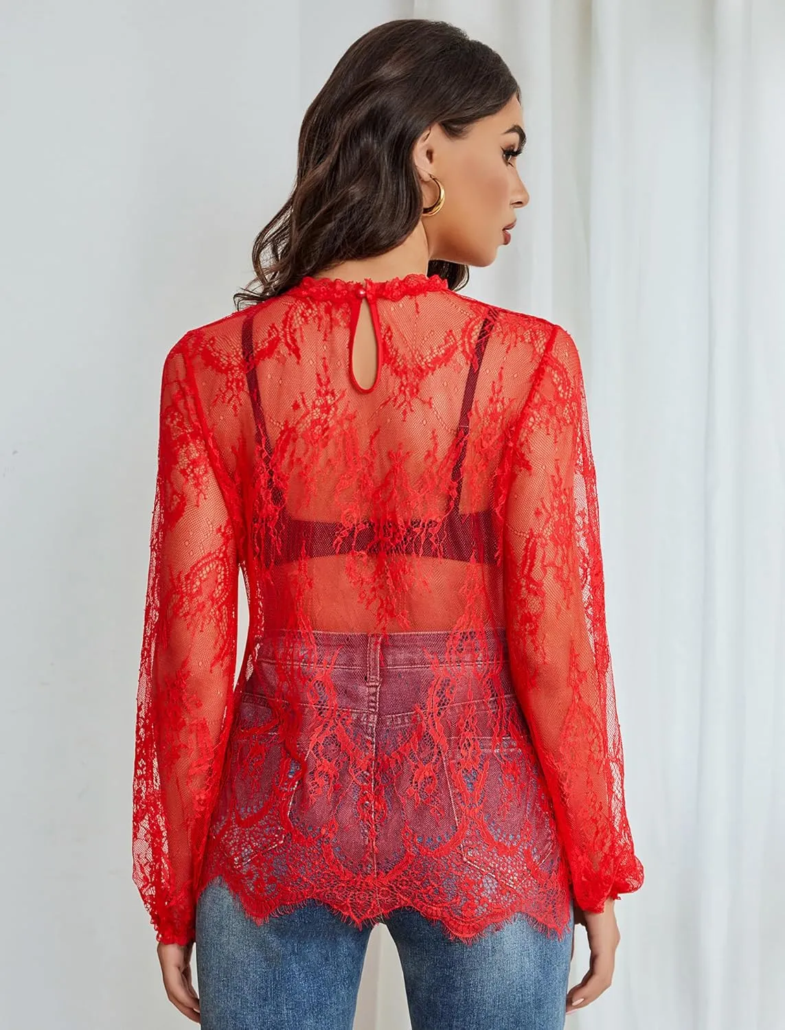 Floral Lace Mesh Top Long Sleeve Sheer Shirts sold by Avid Love product image thumbnail 3