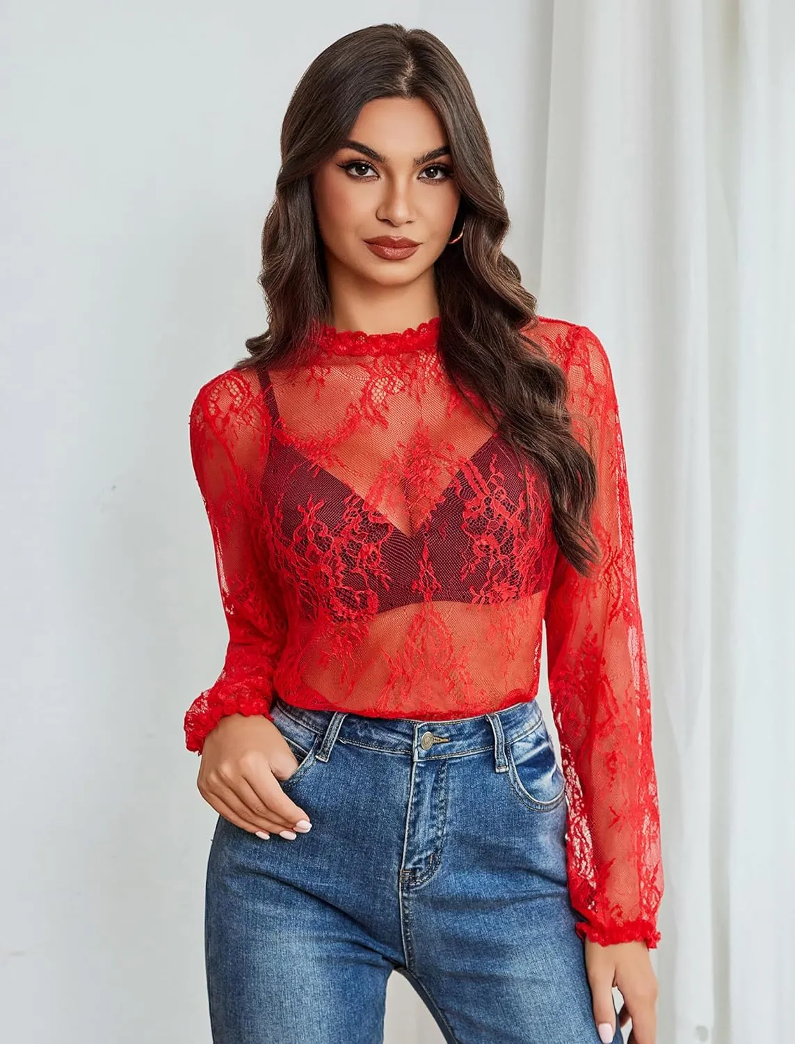 Floral Lace Mesh Top Long Sleeve Sheer Shirts sold by Avid Love product image thumbnail 4
