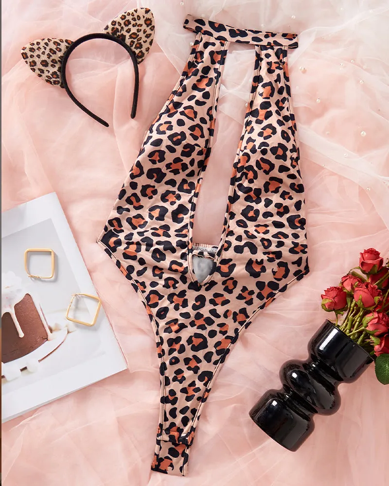 Deep V Hollow-Out Leopard Bodysuits sold by Avid Love product image thumbnail 5