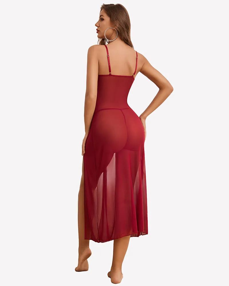 Split Mesh Lace Floral Dress with Thong Set sold by Avid Love product image thumbnail 3