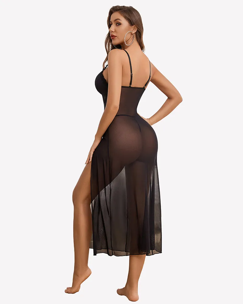 Split Mesh Lace Floral Dress with Thong Set sold by Avid Love product image thumbnail 5