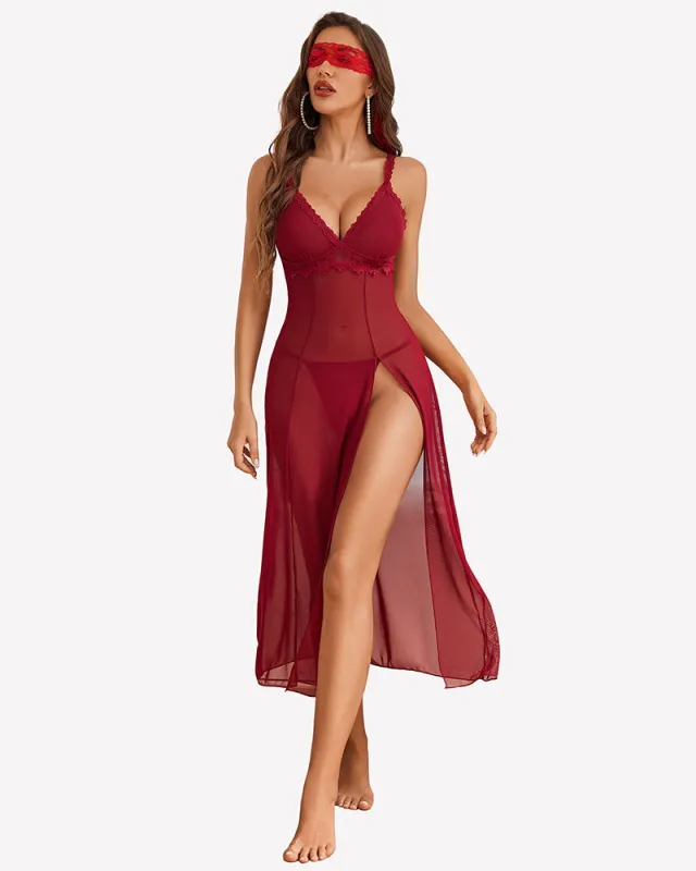 Split Mesh Lace Floral Dress with Thong Set sold by Avid Love